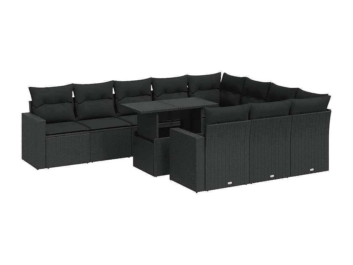 11-tlg. Garten-Sofagarnitur mit Kissen Schwarz Poly Rattan