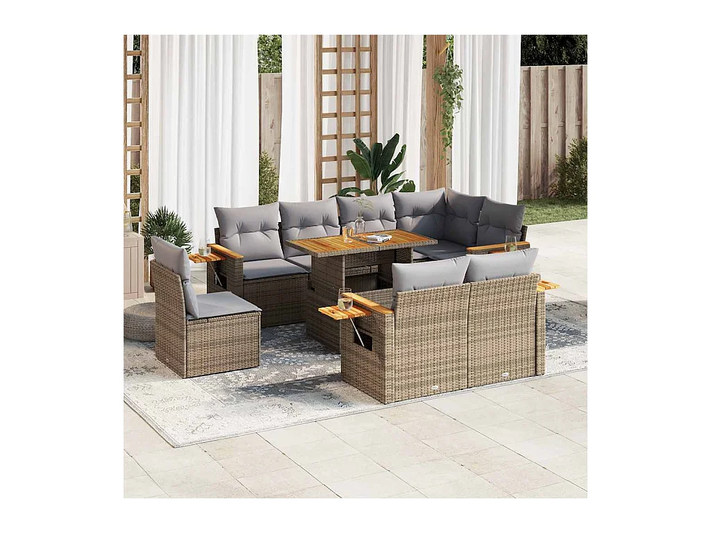 Salon de jardin avec coussins 9 pcs beige résine tressée acacia