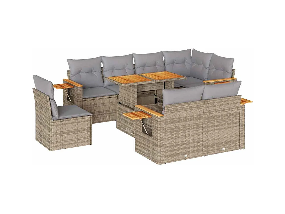 Salon de jardin avec coussins 9 pcs beige résine tressée acacia