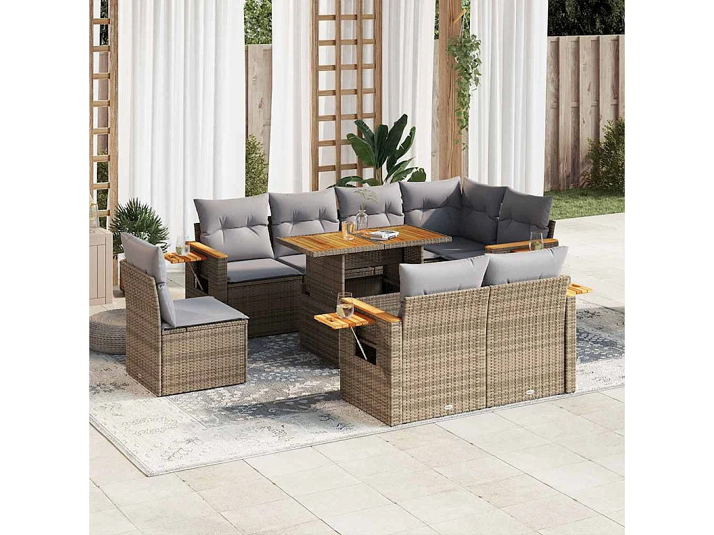 Salon de jardin avec coussins 9 pcs beige résine tressée acacia