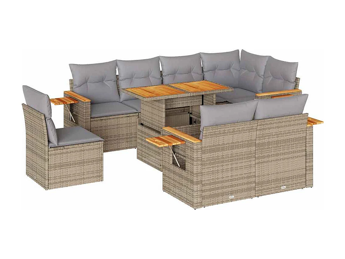 Salon de jardin avec coussins 9 pcs beige résine tressée acacia