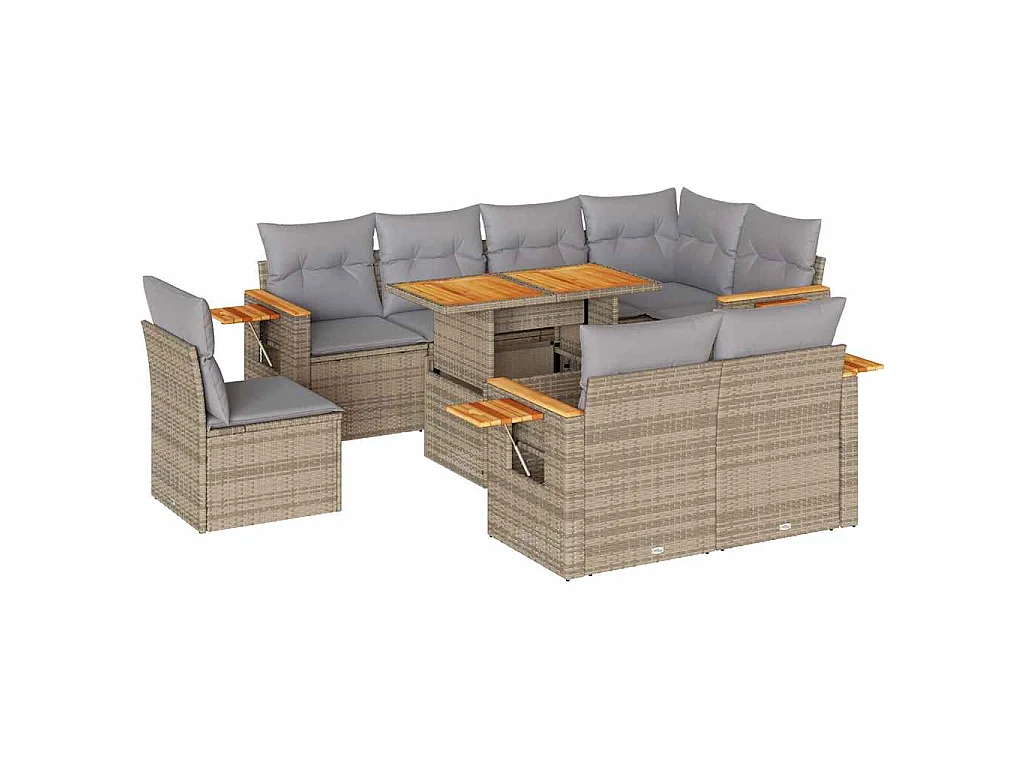 Salon de jardin avec coussins 9 pcs beige résine tressée acacia