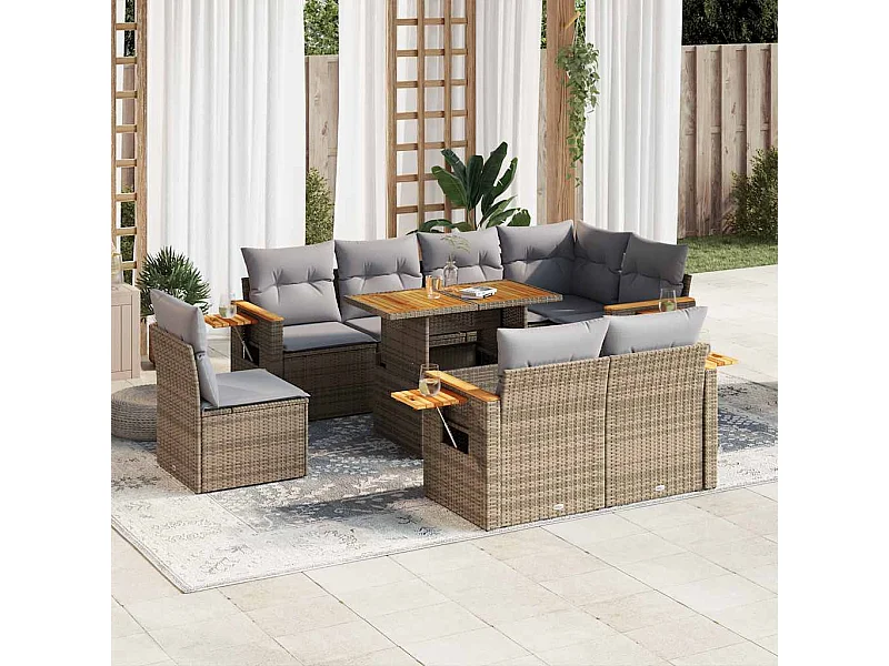 Salon de jardin avec coussins 9 pcs beige résine tressée acacia
