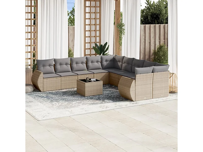Salon de jardin 11 pcs avec coussins beige résine tressée