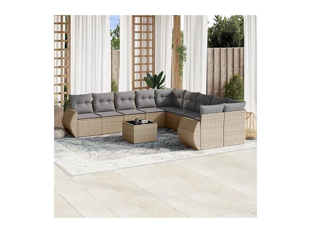 Salon de jardin 11 pcs avec coussins beige résine tressée