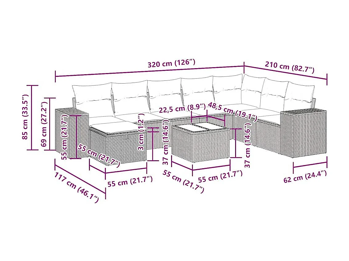 Set de sofás de jardín 9 pzas y cojines ratán sintético marrón