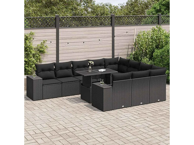 Set de sofás de jardín 11 pzas y cojines ratán sintético negro