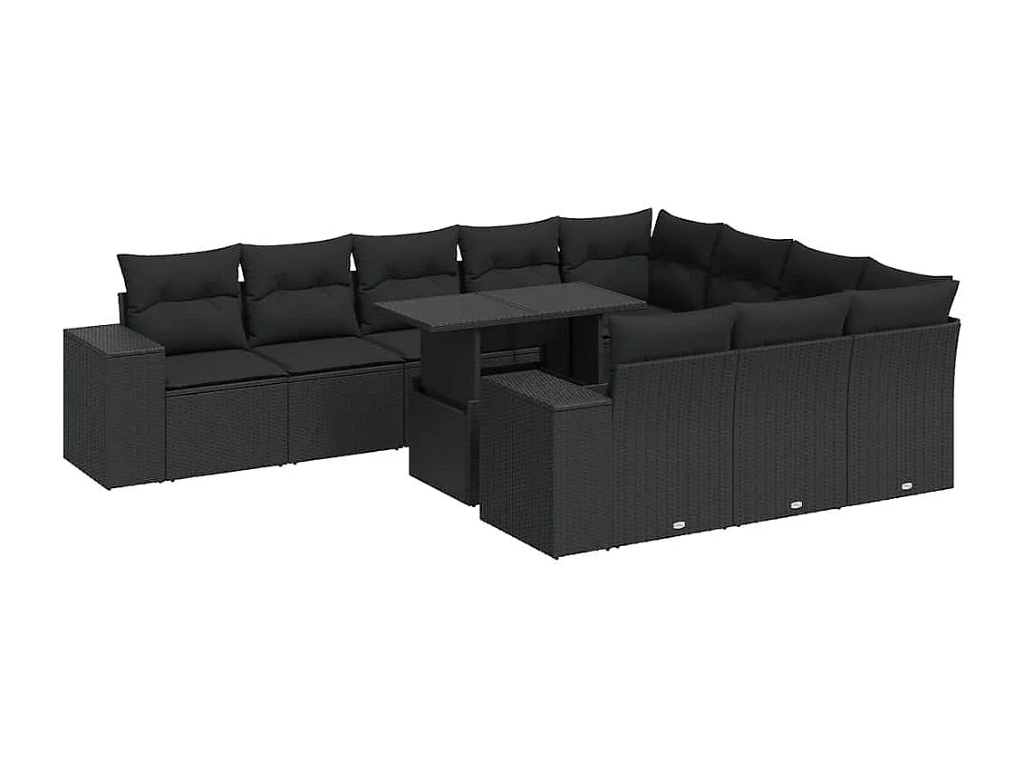 Set de sofás de jardín 11 pzas y cojines ratán sintético negro