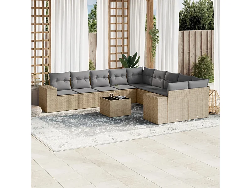 Set Divani da Giardino 11 pz con Cuscini Beige in Polyrattan