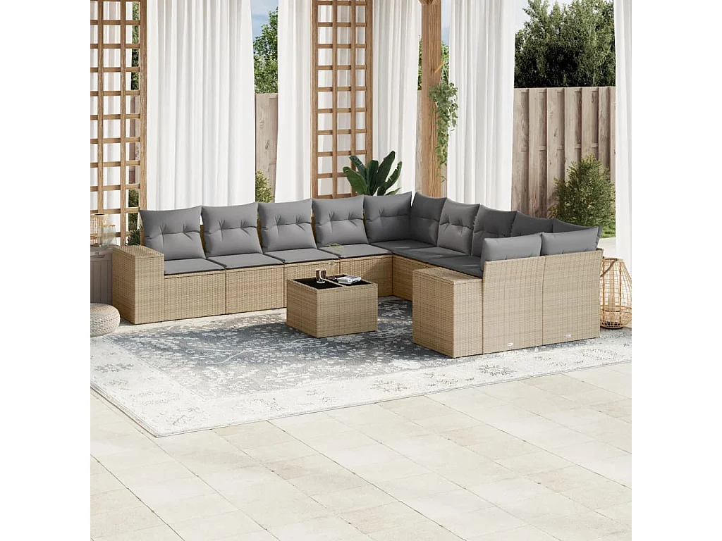 Salon de jardin 11 pcs avec coussins beige résine tressée