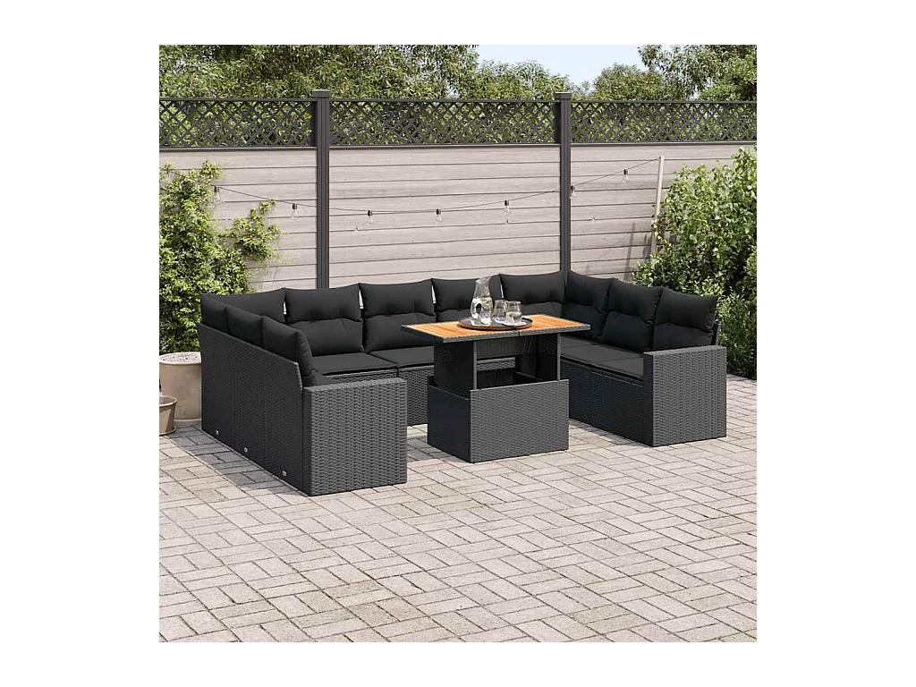Salon de jardin 10 pcs avec coussins noir résine tressée
