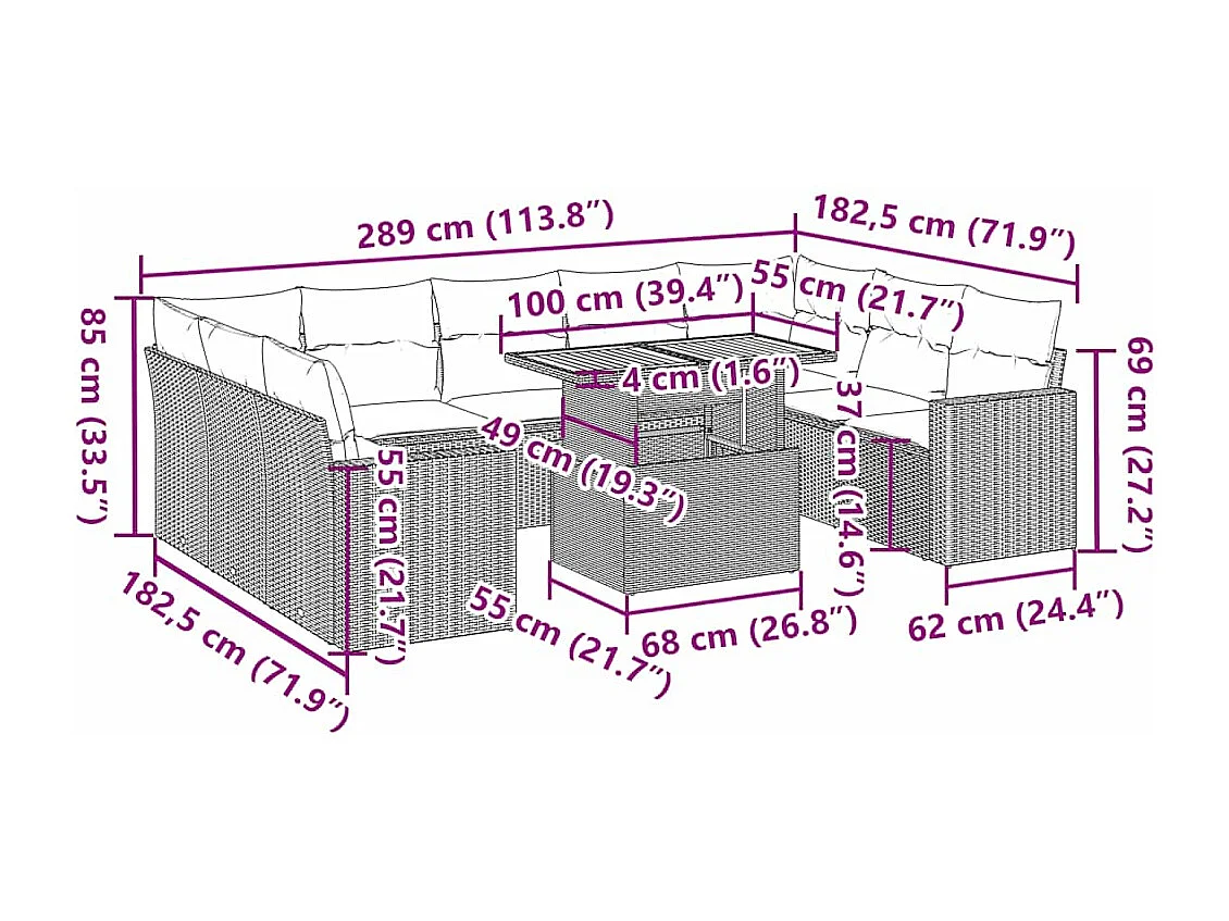 10-tlg. Garten-Sofagarnitur mit Kissen Schwarz Poly Rattan