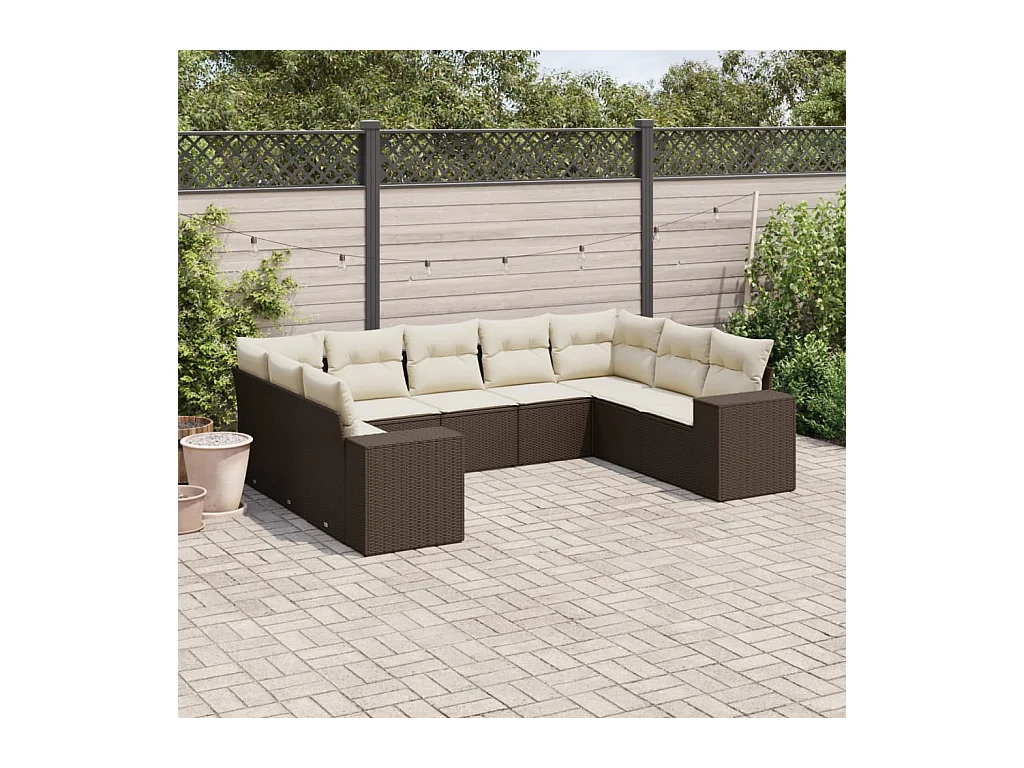 Salon de jardin avec coussins 9 pcs marron résine tressée