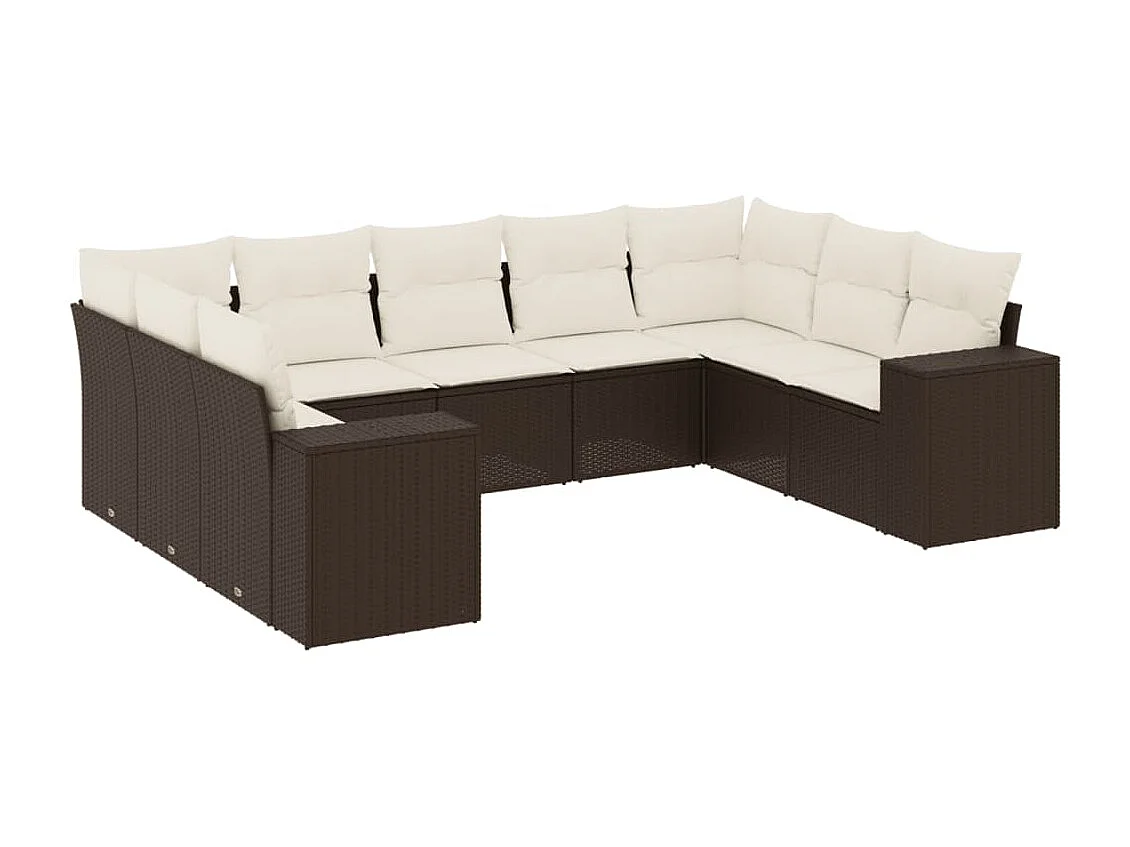 9 pcs conjunto sofás p/ jardim c/ almofadões vime PE castanho