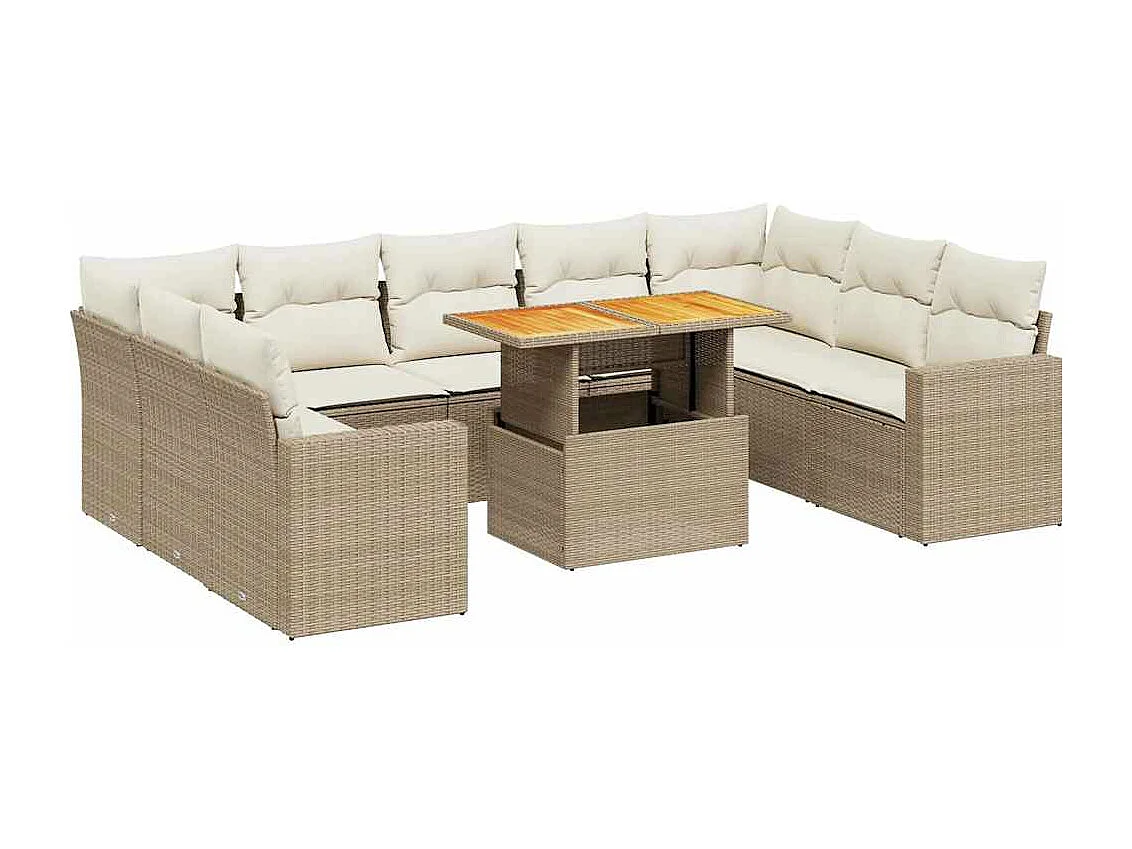 Salon de jardin avec coussins 10 pcs beige résine tressée