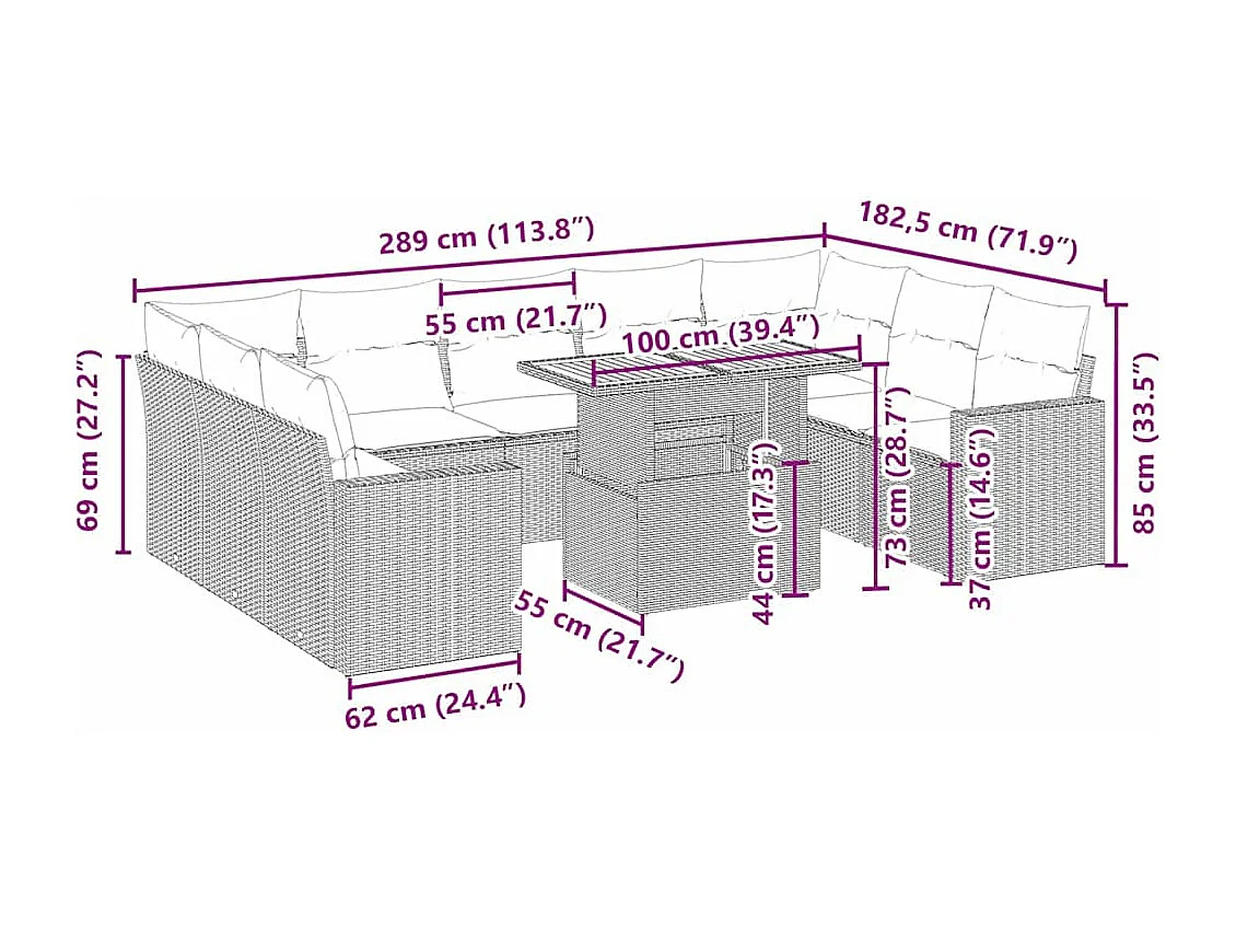 Salon de jardin avec coussins 10 pcs beige résine tressée