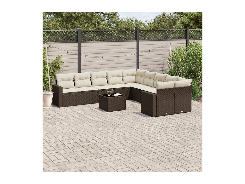 11-tlg. Garten-Sofagarnitur mit Kissen Braun Poly Rattan