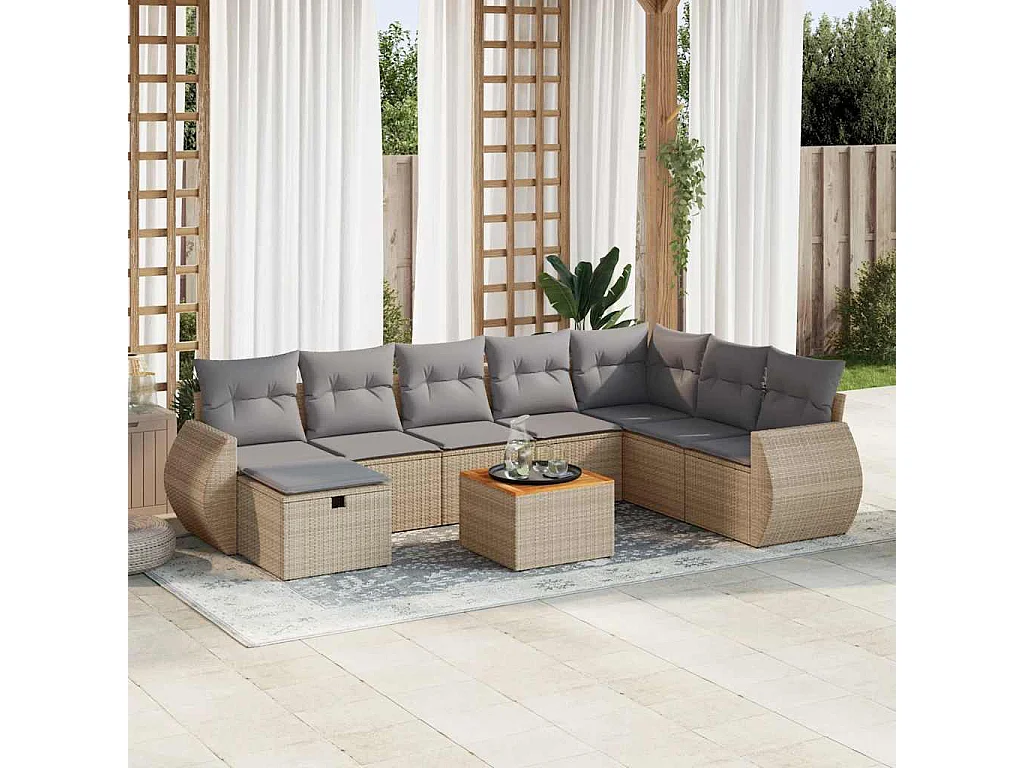 9-tlg. Garten-Sofagarnitur mit Kissen Beige Poly Rattan