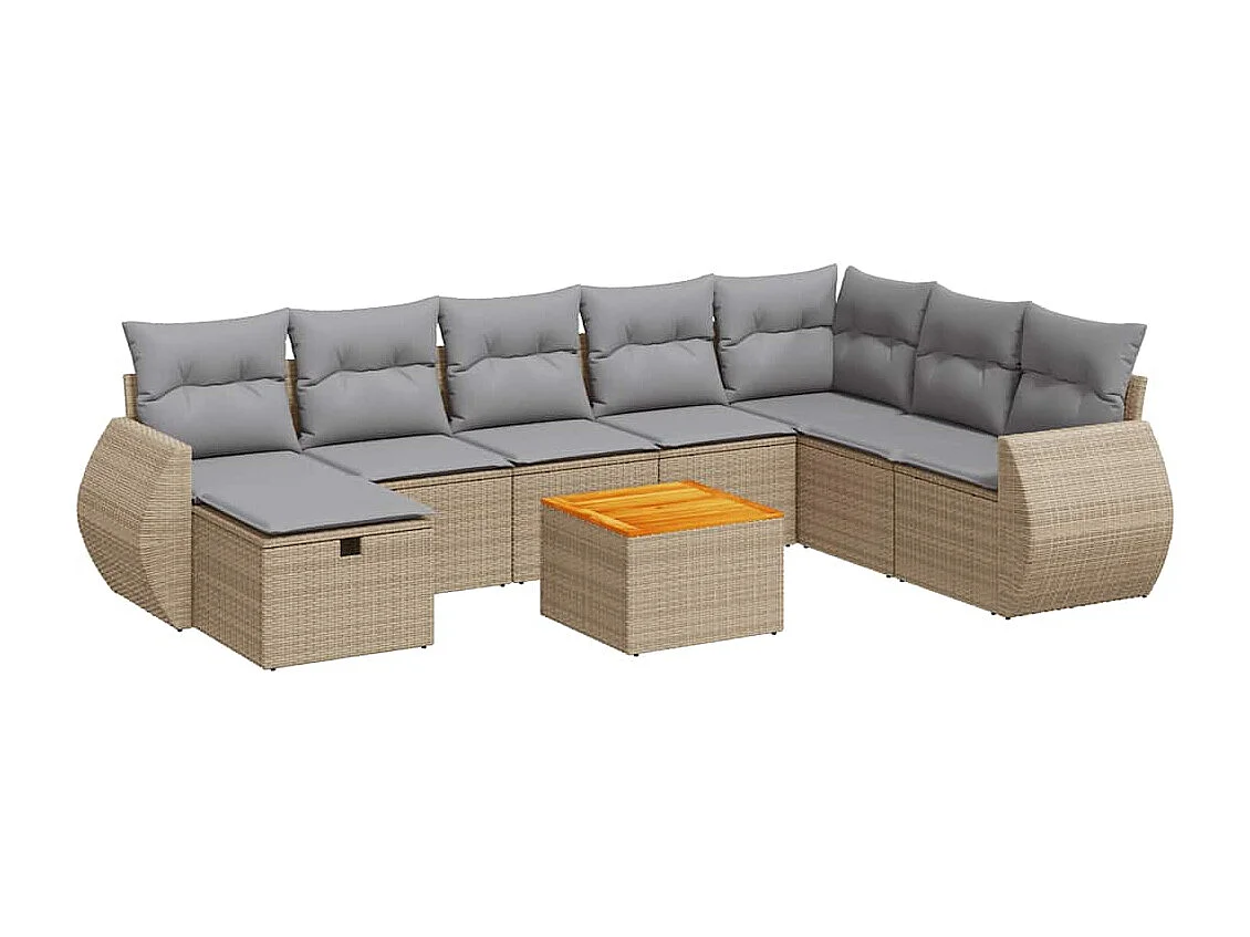 9-tlg. Garten-Sofagarnitur mit Kissen Beige Poly Rattan