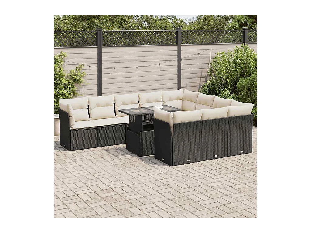 Salon de jardin 11 pcs avec coussins noir résine tressée