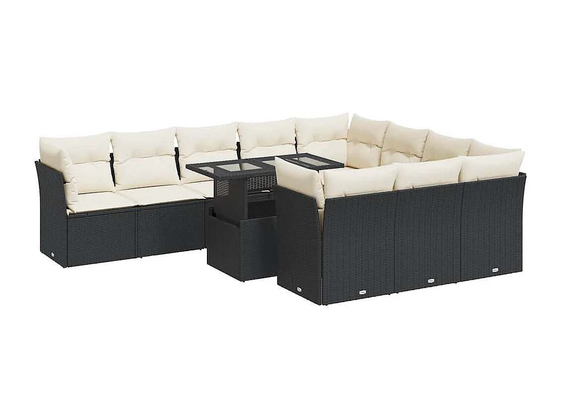 Set de sofás de jardín 11 pzas y cojines ratán sintético negro