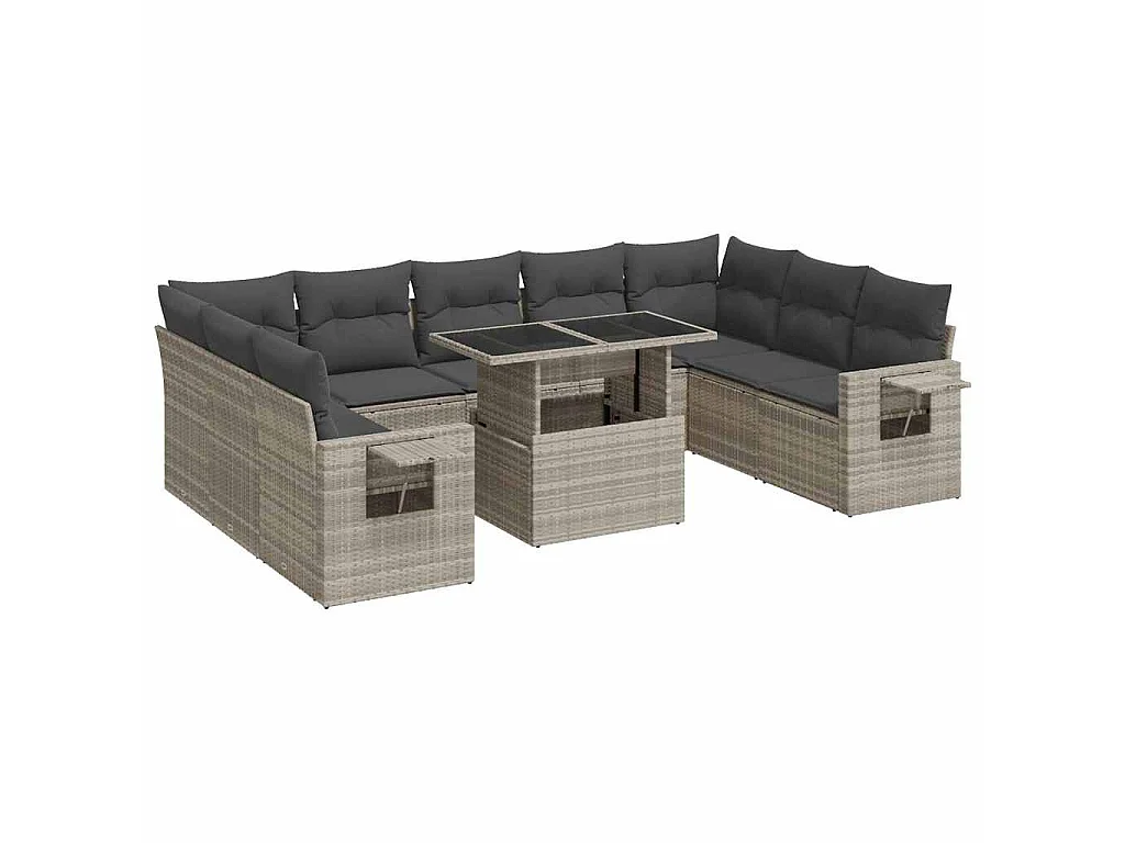 10-delige Loungeset met kussens poly rattan lichtgrijs
