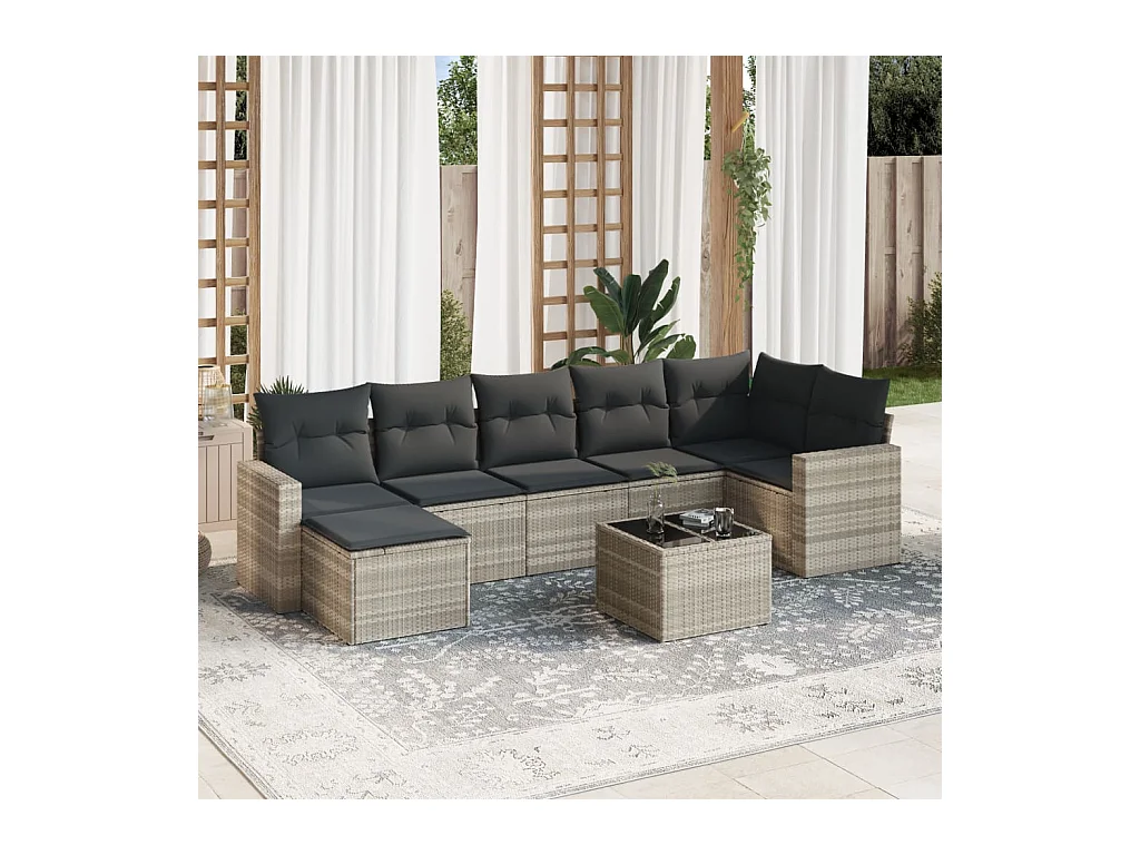 8-tlg. Garten-Sofagarnitur mit Kissen Hellgrau Poly Rattan