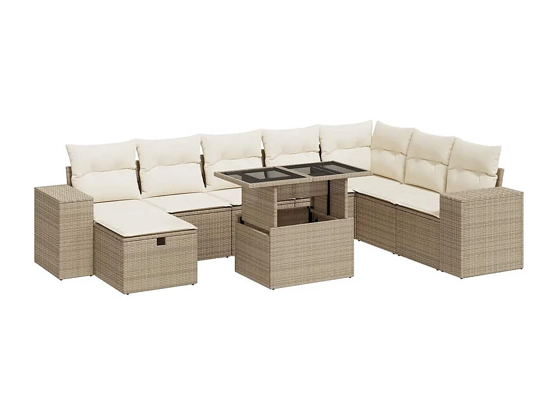 Set Divano da Giardino 9 pz con Cuscini Beige in Polyrattan