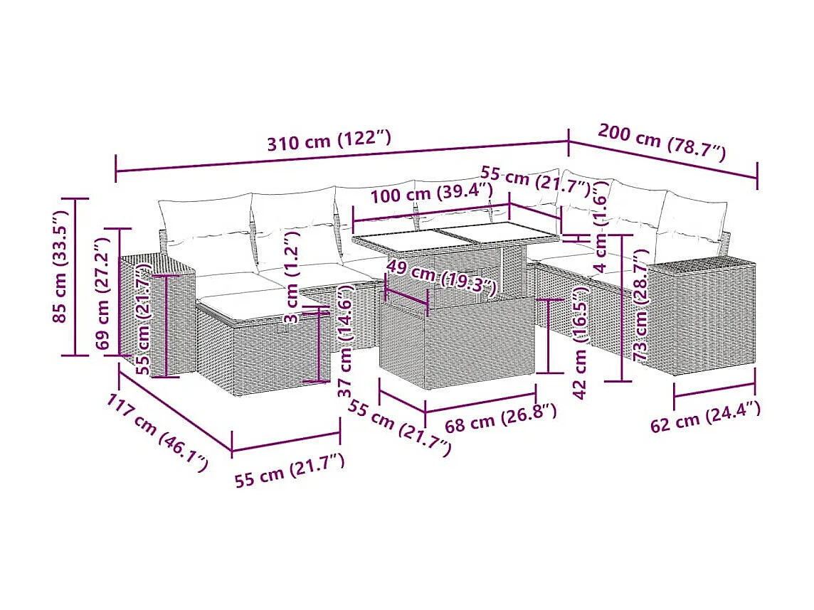Set Divano da Giardino 9 pz con Cuscini Beige in Polyrattan