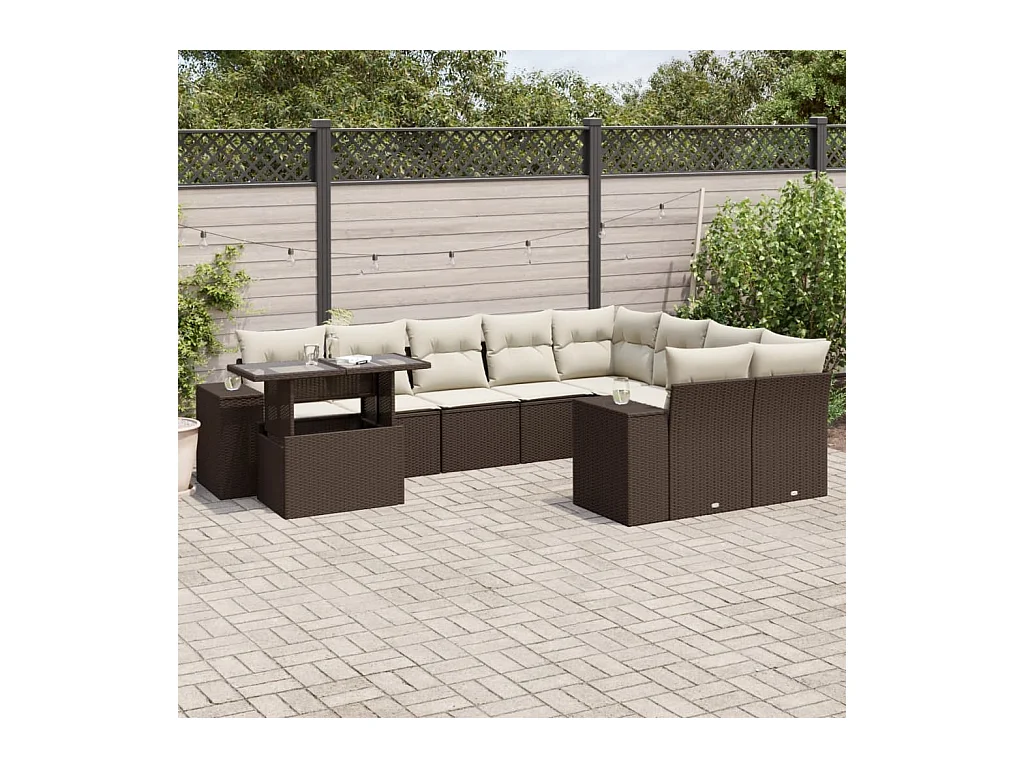 10-delige Loungeset met kussens poly rattan bruin