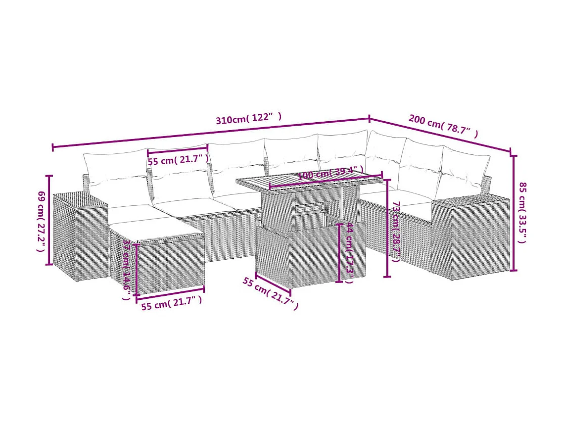 Salon de jardin avec coussins 9 pcs beige résine tressée