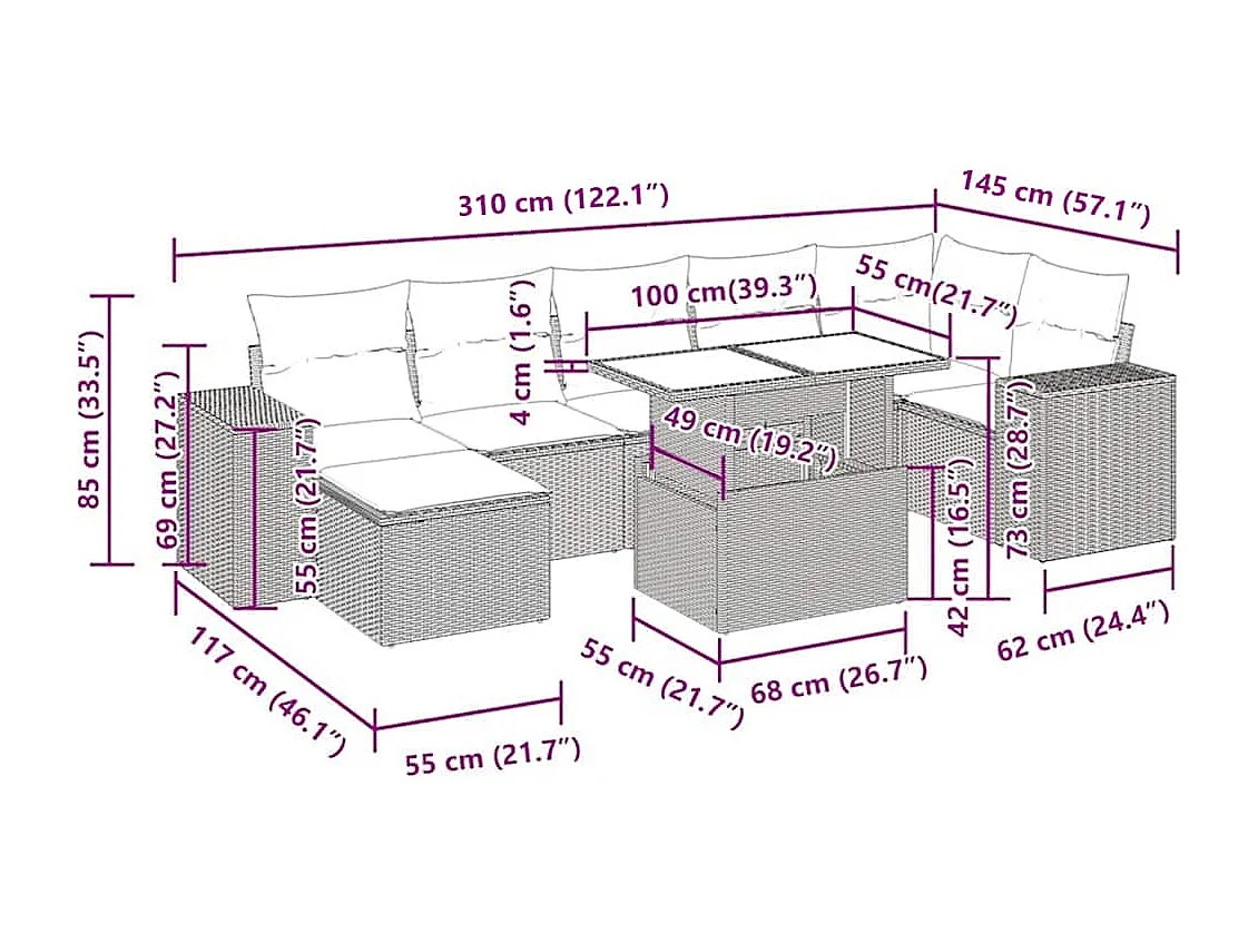 8-delige Loungeset met kussens poly rattan bruin