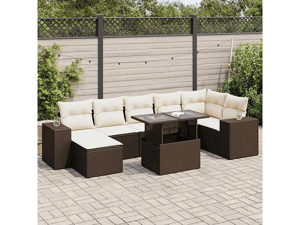 Salon de jardin 8 pcs avec coussins marron résine tressée