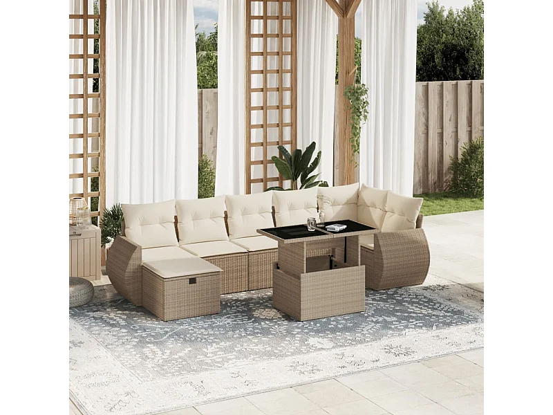 Salon de jardin avec coussins 8 pcs beige résine tressée