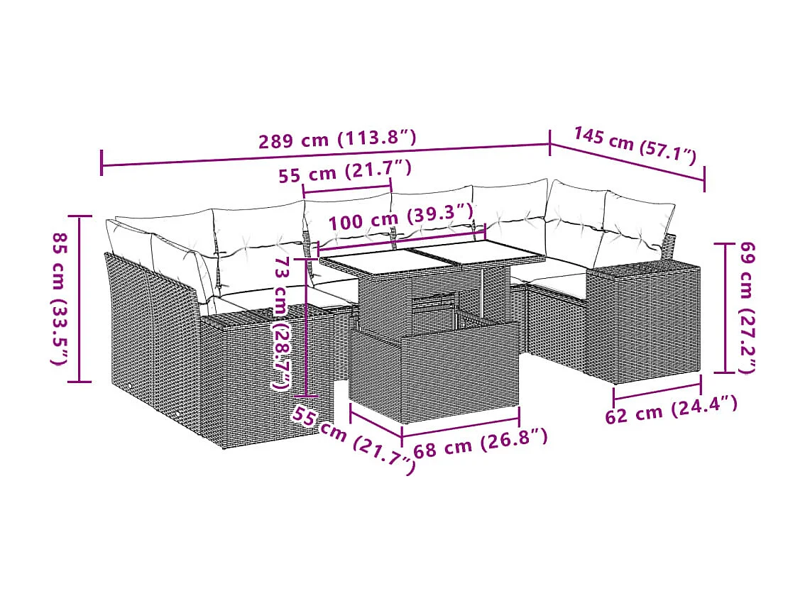 Salon de jardin 8 pcs avec coussins marron résine tressée