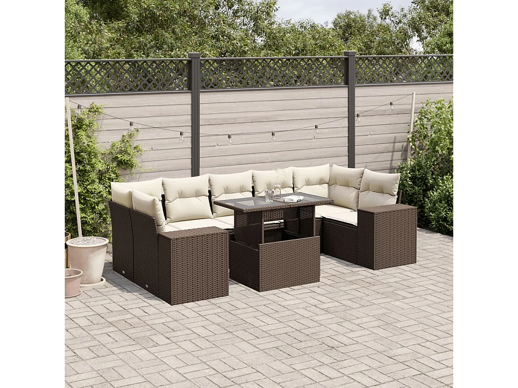8-tlg. Garten-Sofagarnitur mit Kissen Braun Poly Rattan