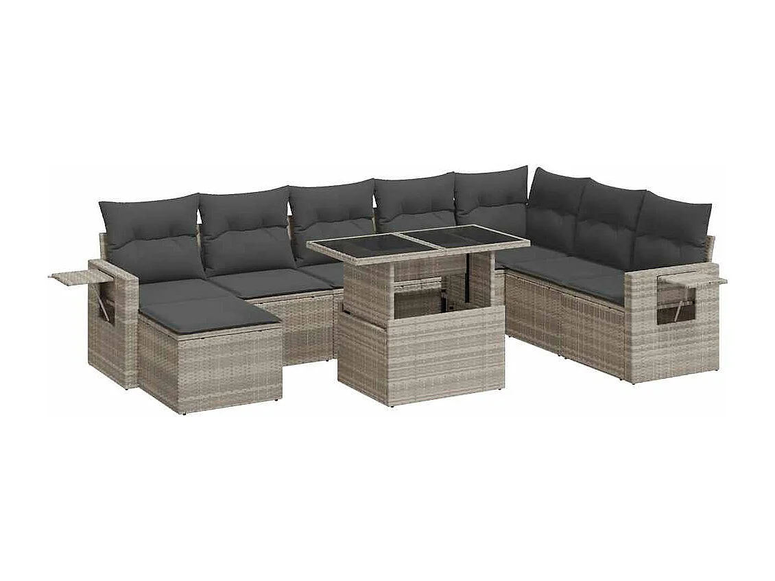 9 pcs conj. sofás jardim com almofadões vime PE cinzento-claro
