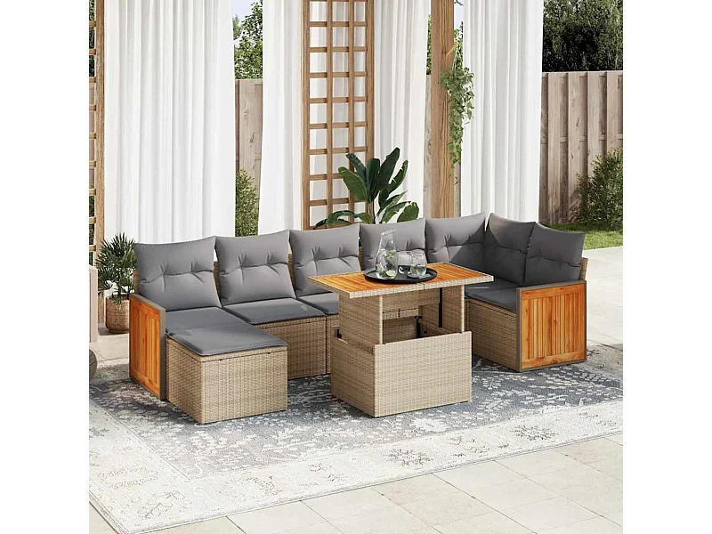 Salon de jardin avec coussins 8 pcs beige résine tressée acacia