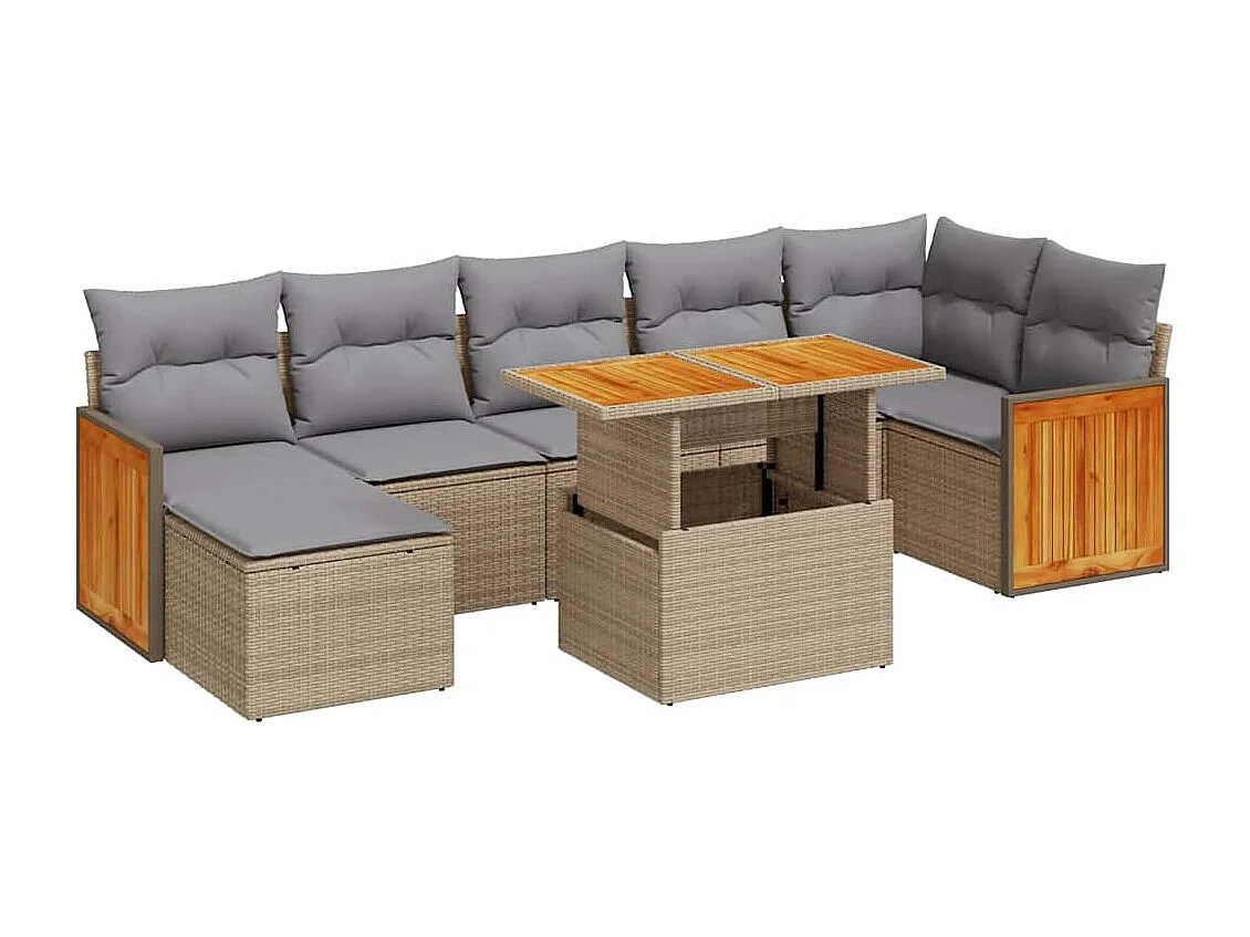 Salon de jardin avec coussins 8 pcs beige résine tressée acacia