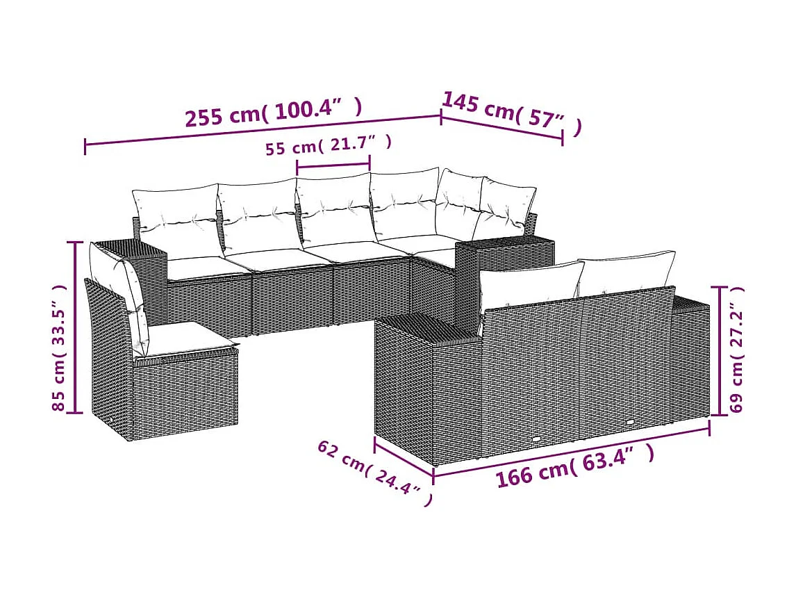 Salon de jardin 8 pcs avec coussins marron résine tressée