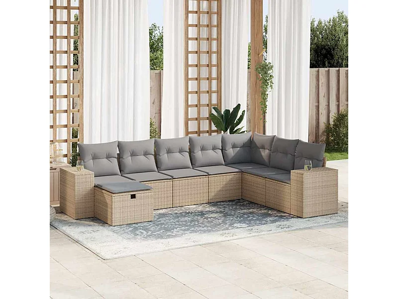 8-tlg. Garten-Sofagarnitur mit Kissen Beige Poly Rattan