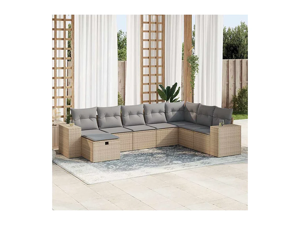 8 pcs conjunto de sofás p/ jardim com almofadões vime PE bege