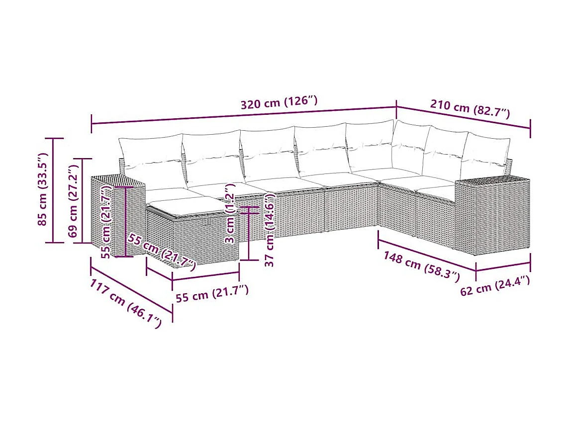 Set Divano da Giardino 8 pz con Cuscini Beige in Polyrattan