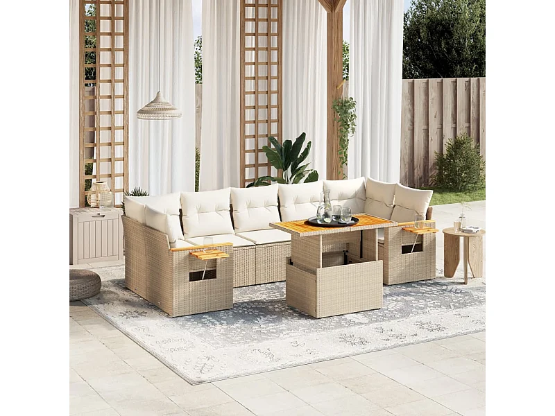 Salon de jardin avec coussins 8 pcs beige résine tressée