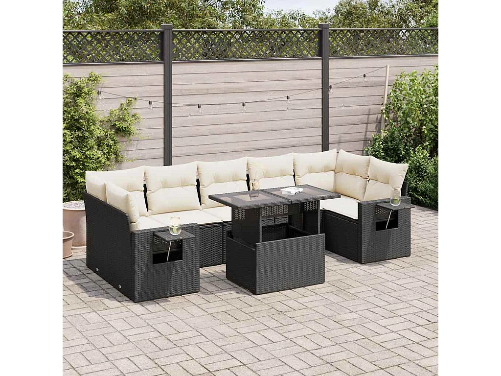 Salon de jardin 8 pcs avec coussins noir résine tressée