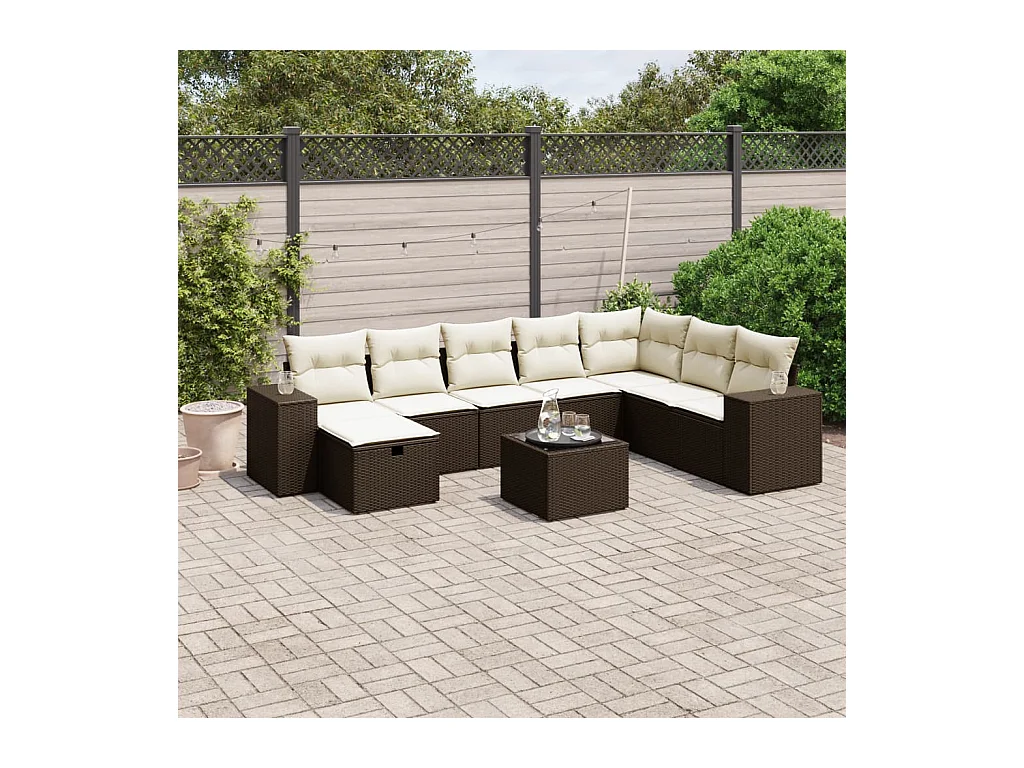9-tlg. Garten-Sofagarnitur mit Kissen Braun Poly Rattan