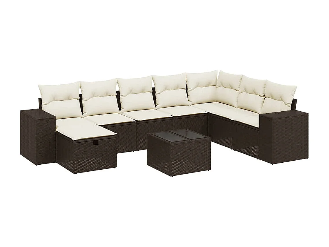 Salon de jardin avec coussins 9 pcs marron résine tressée