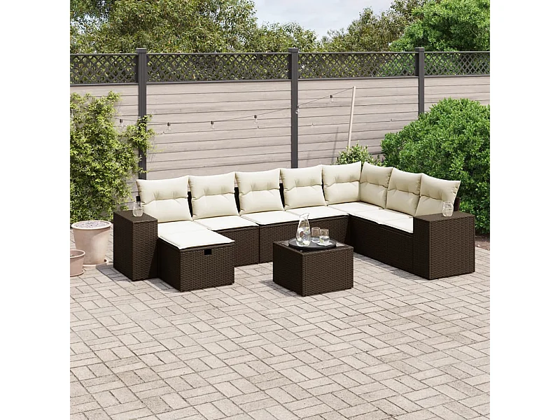Salon de jardin avec coussins 9 pcs marron résine tressée