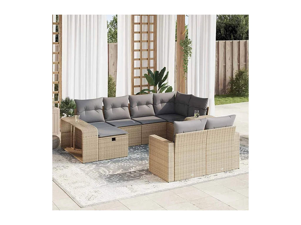10 pcs conjunto de sofás p/ jardim com almofadões vime PE bege