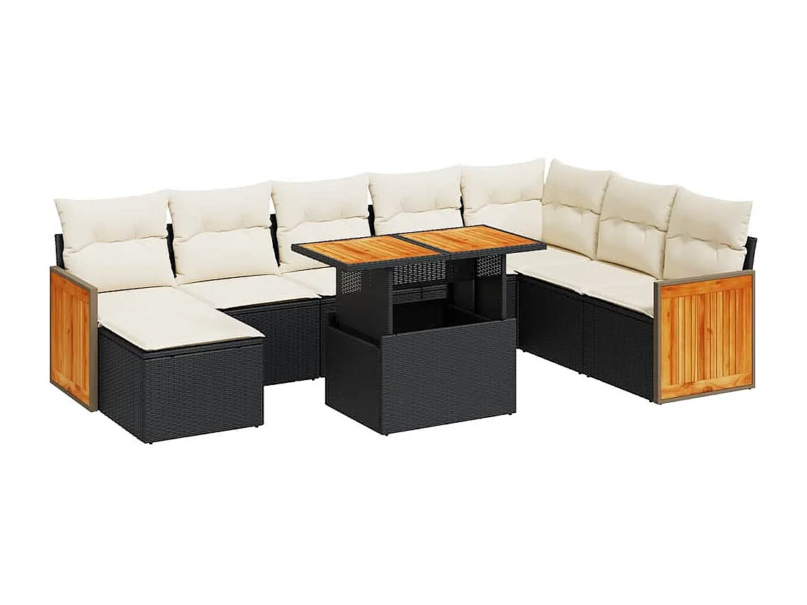 Salon de jardin avec coussins 9 pcs noir résine tressée acacia